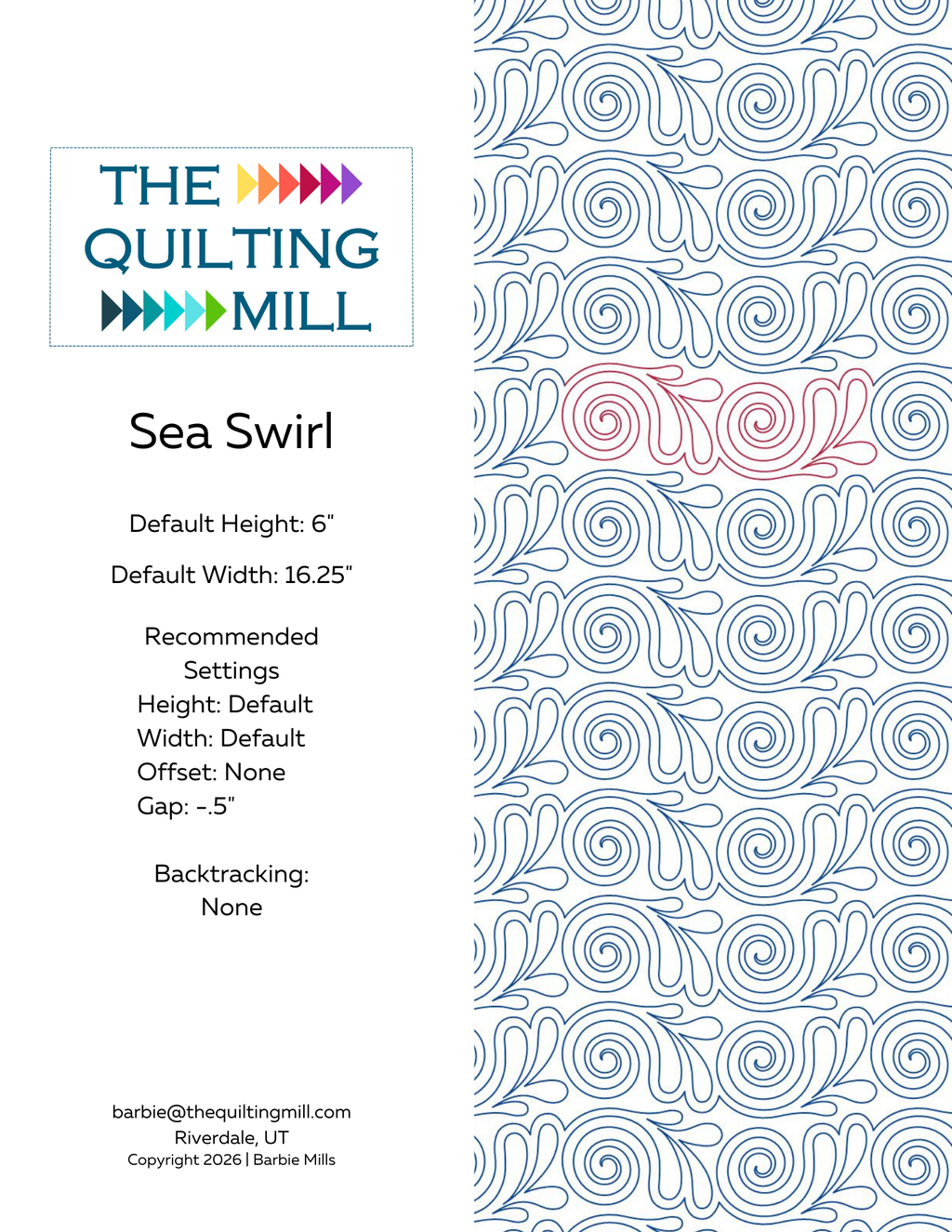 Sea Swirl digital quilt pantograph product info sheet with specs including height, width, offset, and backtracking for longarm quilting machines